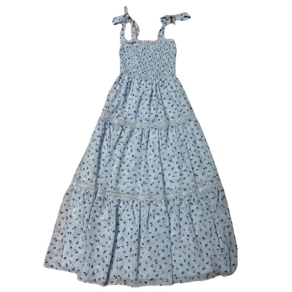 Lulus Women’s S Dress Blue Floral Print Tie-Strap Smocked Cottagecore Sundress